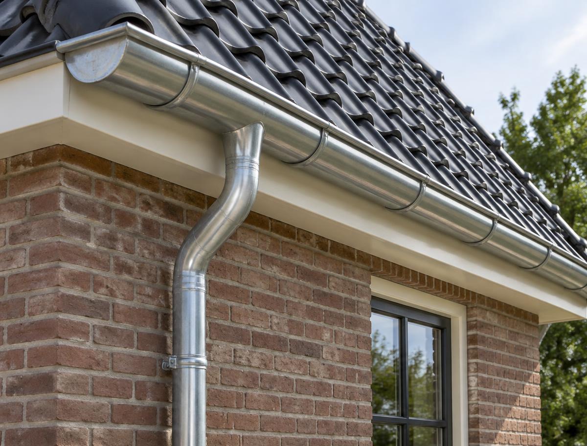 Nieuw geplaatste zinken dakgoot en hemelwaterafvoer aan een bakstenen woning